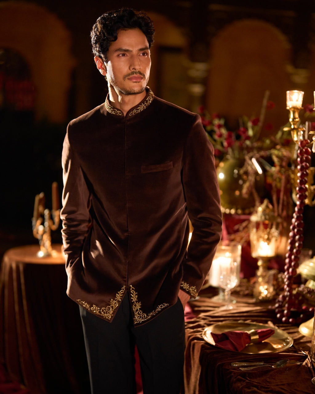 Brown Velvet Bandhgala Set