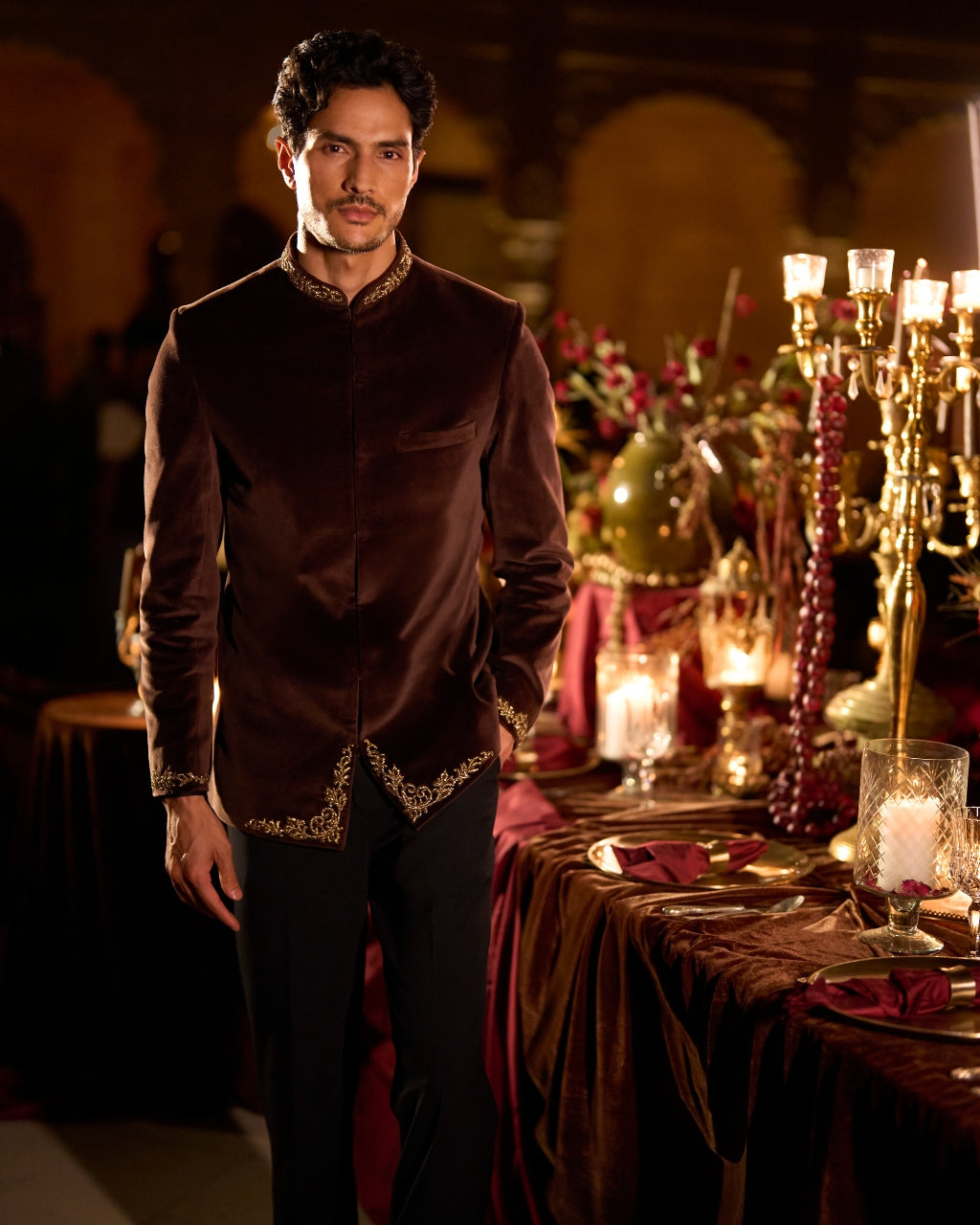 Brown Velvet Bandhgala Set