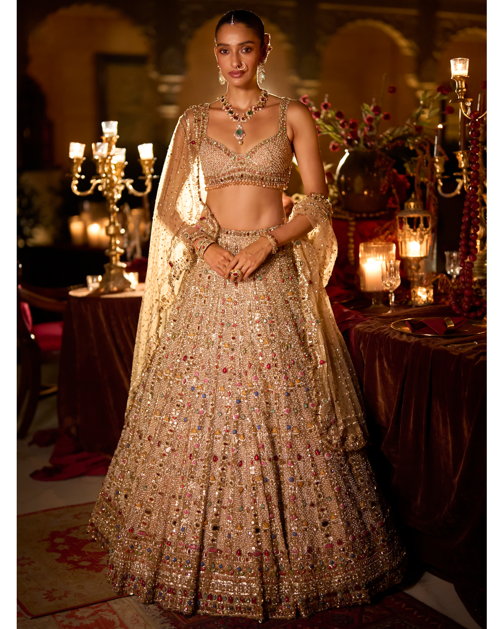 Multi-Coloured Stone & Pearl Lehenga Set