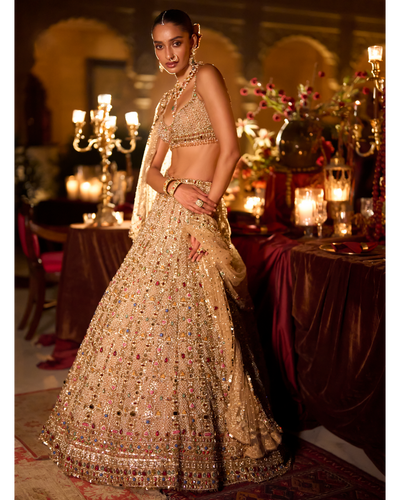 Multi-Coloured Stone & Pearl Lehenga Set