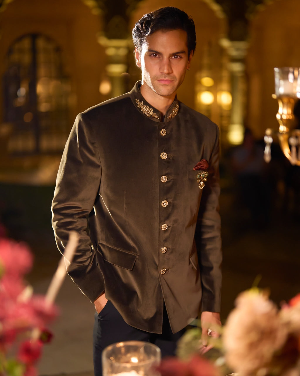 Olive Green Velvet Bandhgala Set