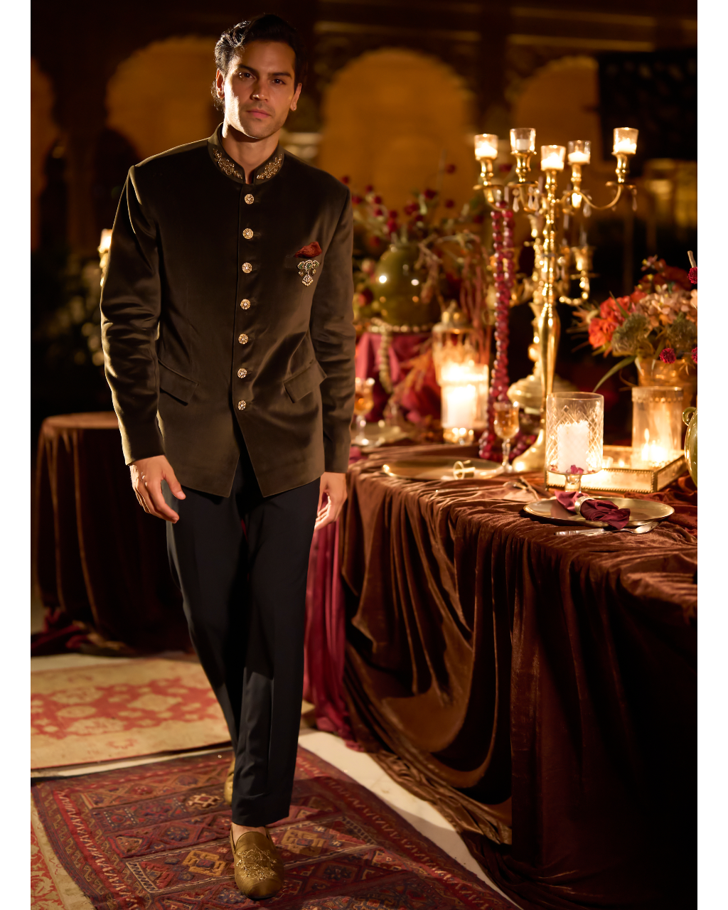 Olive Green Velvet Bandhgala Set