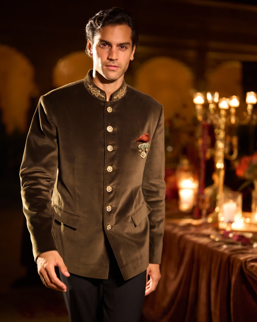 Olive Green Velvet Bandhgala Set