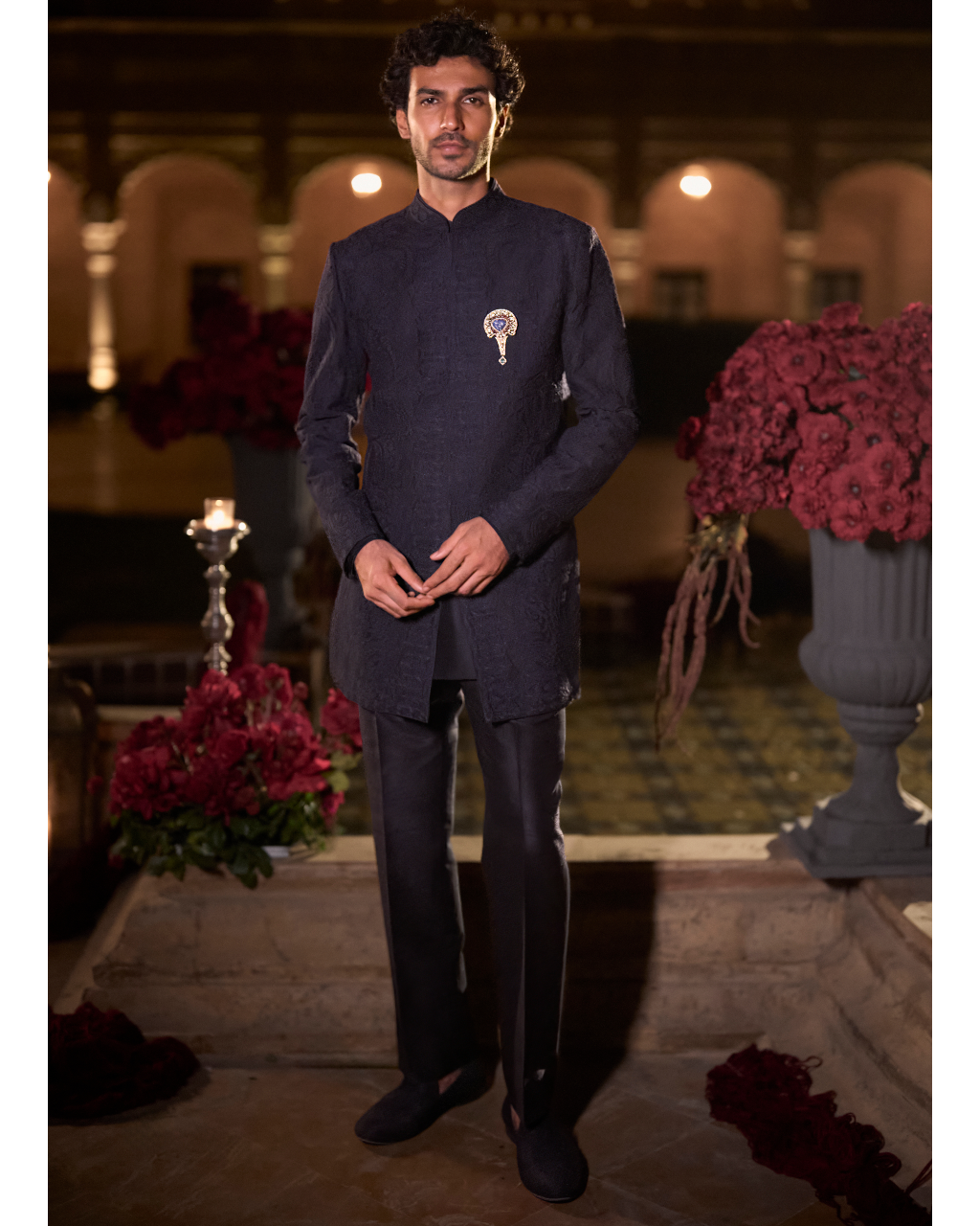 Navy Blue Abstract Sherwani Set
