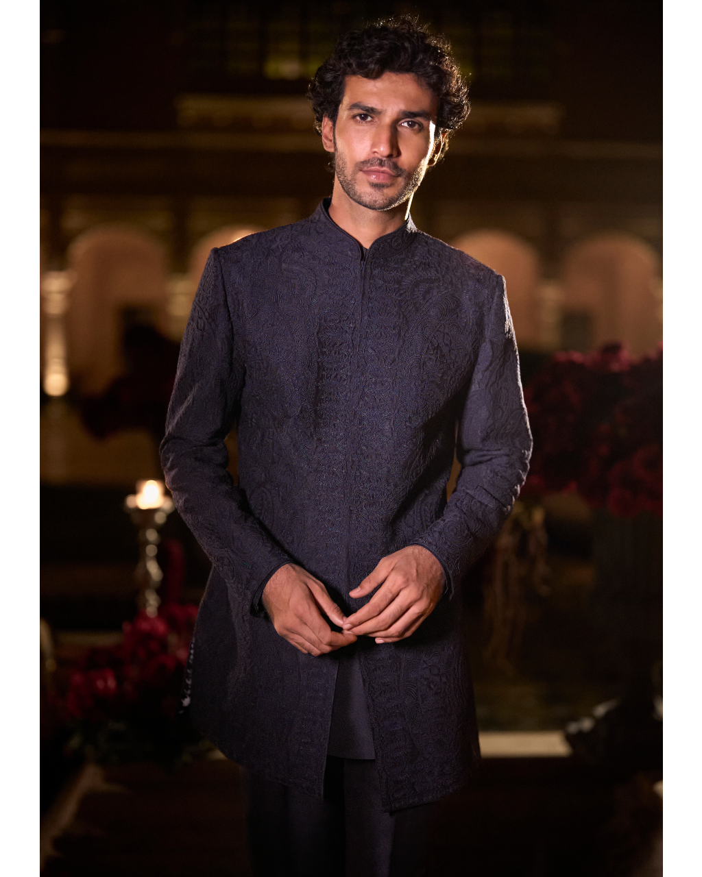 Navy Blue Abstract Sherwani Set