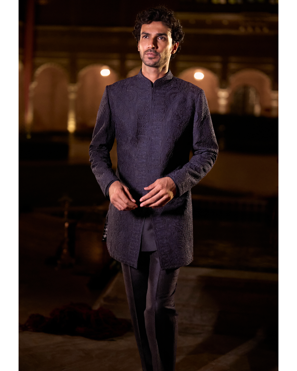 Navy Blue Abstract Sherwani Set