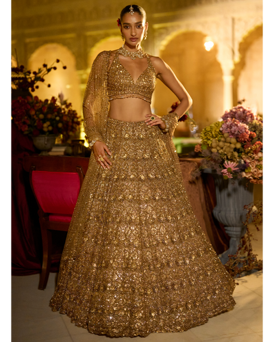 Antique Gold Sequin Lehenga Set