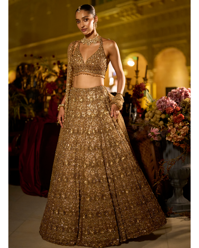 Antique Gold Sequin Lehenga Set