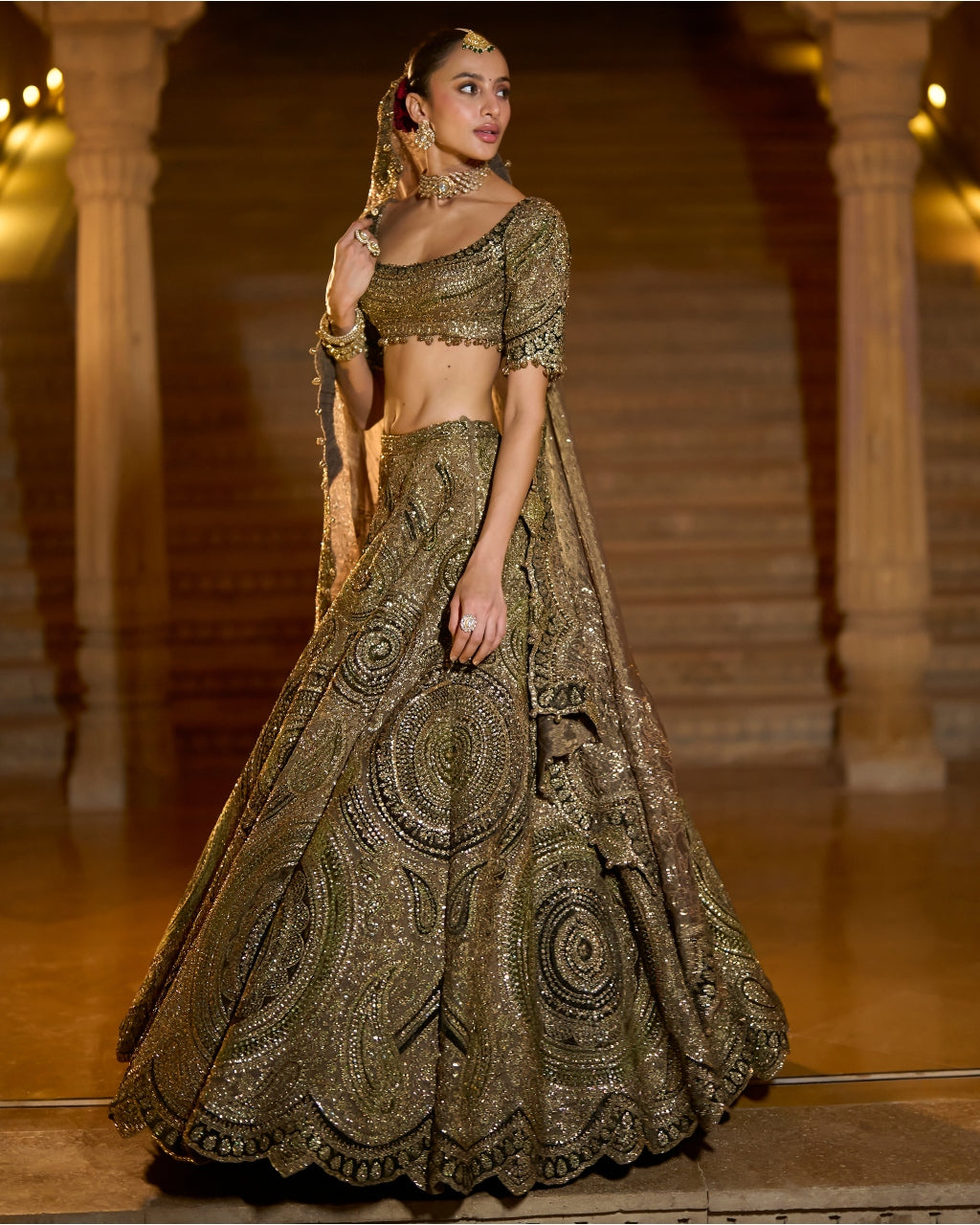 Moss Green Applique Lehenga Set