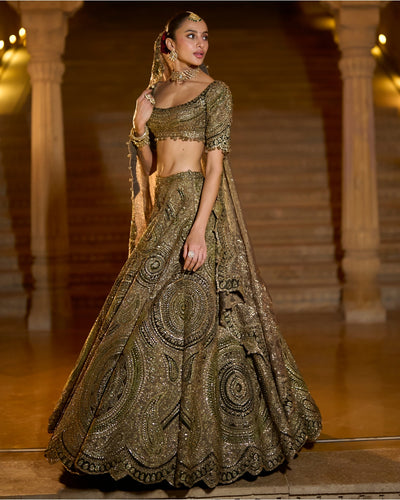 Moss Green Applique Lehenga Set