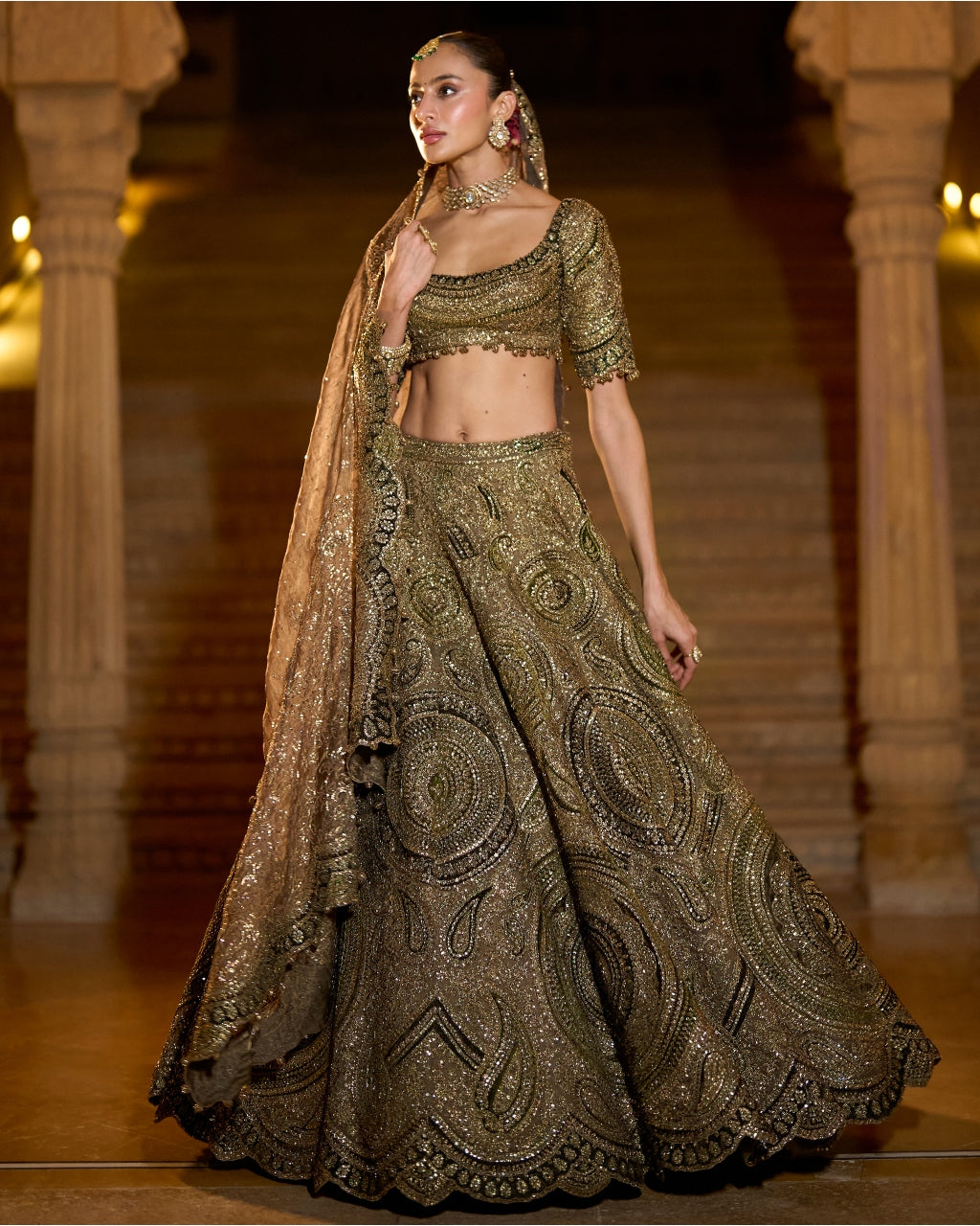 Moss Green Applique Lehenga Set
