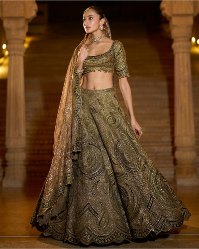 Moss Green Applique Lehenga Set