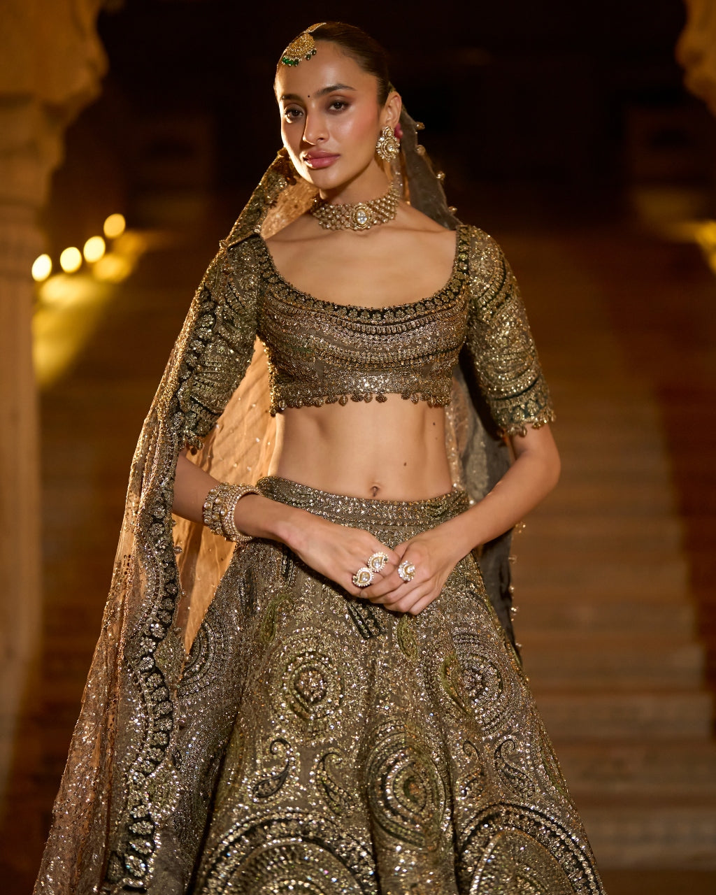 Moss Green Applique Lehenga Set