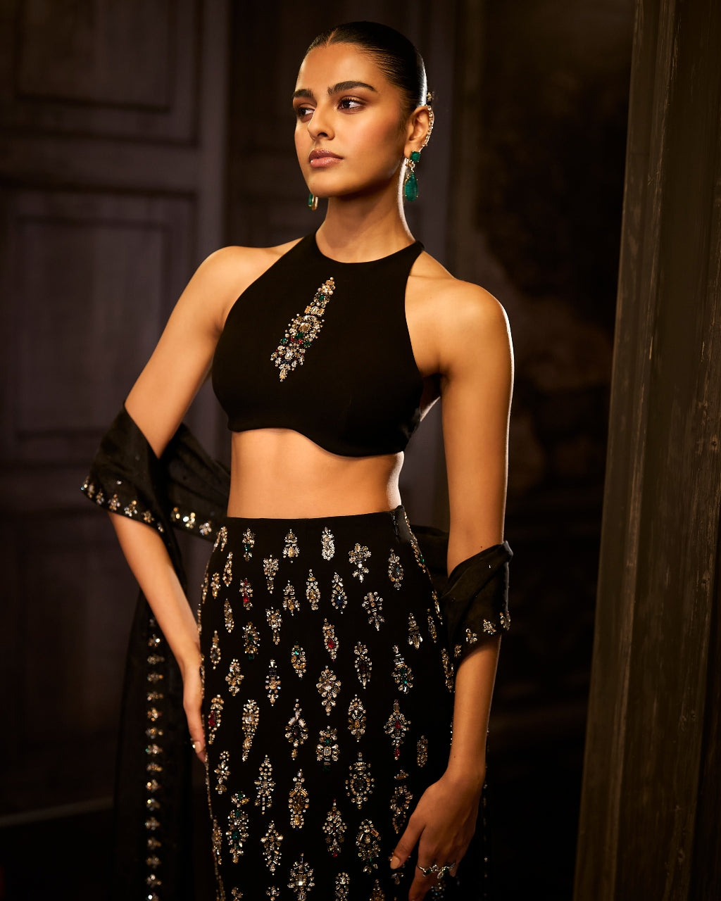 Black Crystal Skirt Set