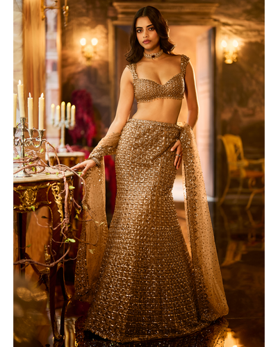 Antique Gold Sequin Fit & Flare Skirt Set