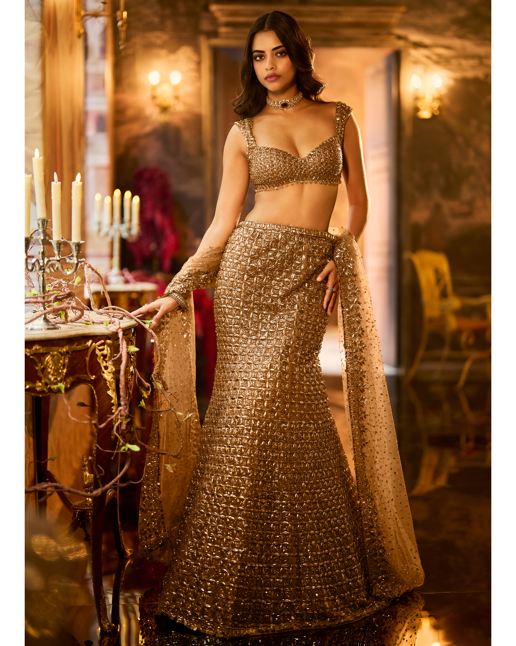 Antique Gold Sequin Fit & Flare Skirt Set