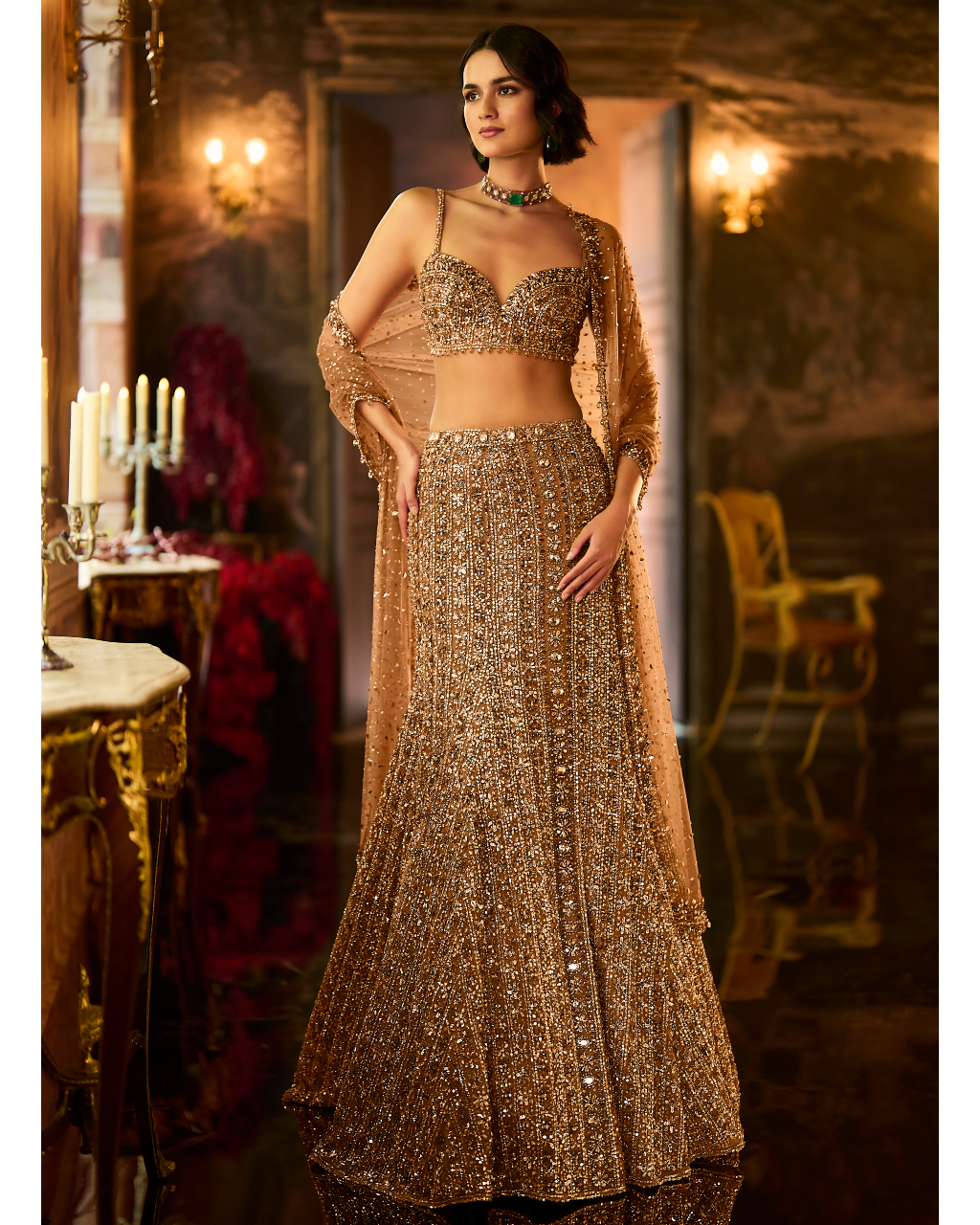 Antique Gold Crystal Fit & Flare Skirt Set