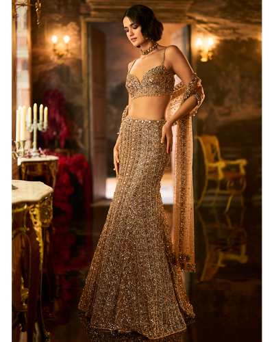 Antique Gold Crystal Fit & Flare Skirt Set