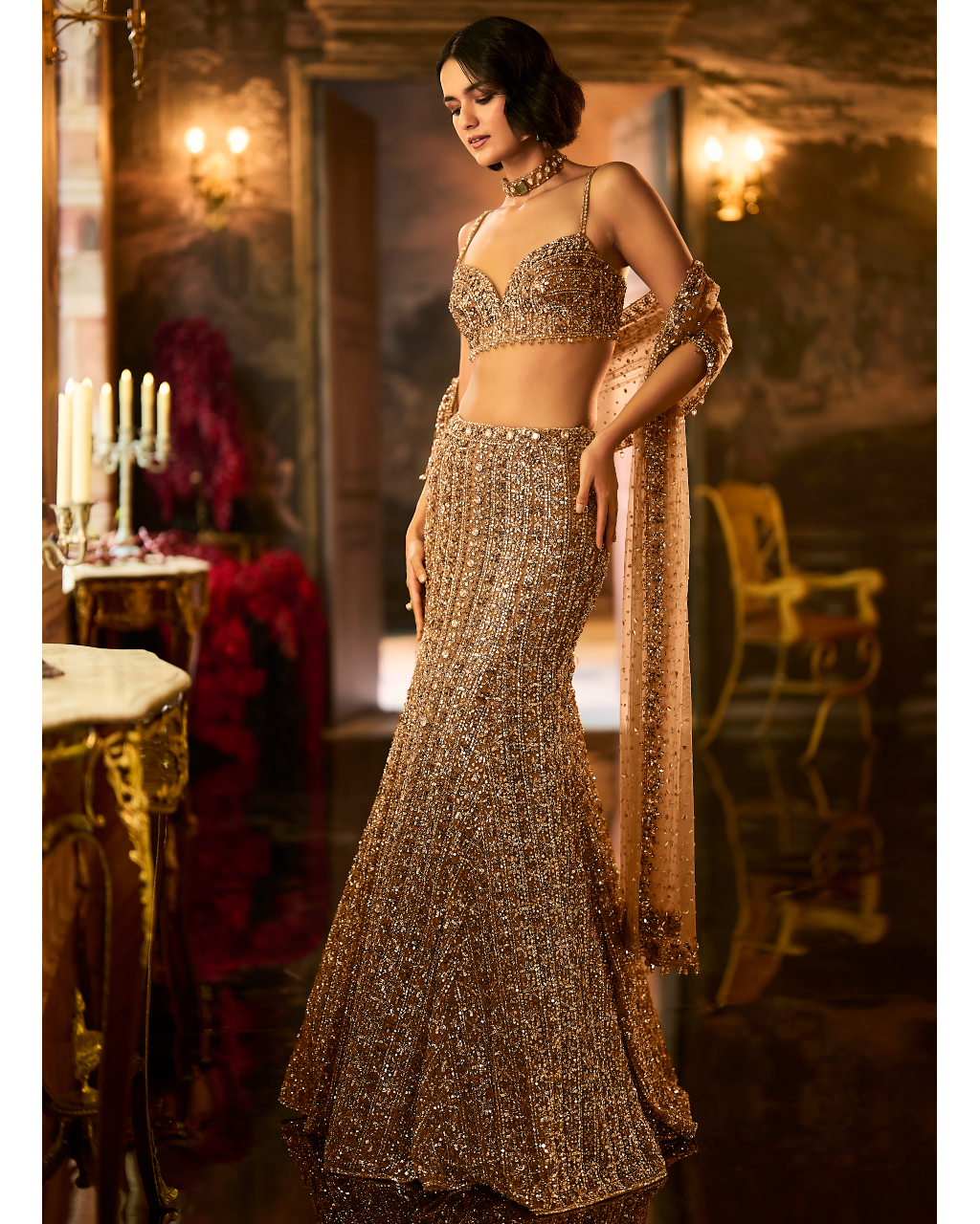 Antique Gold Crystal Fit & Flare Skirt Set