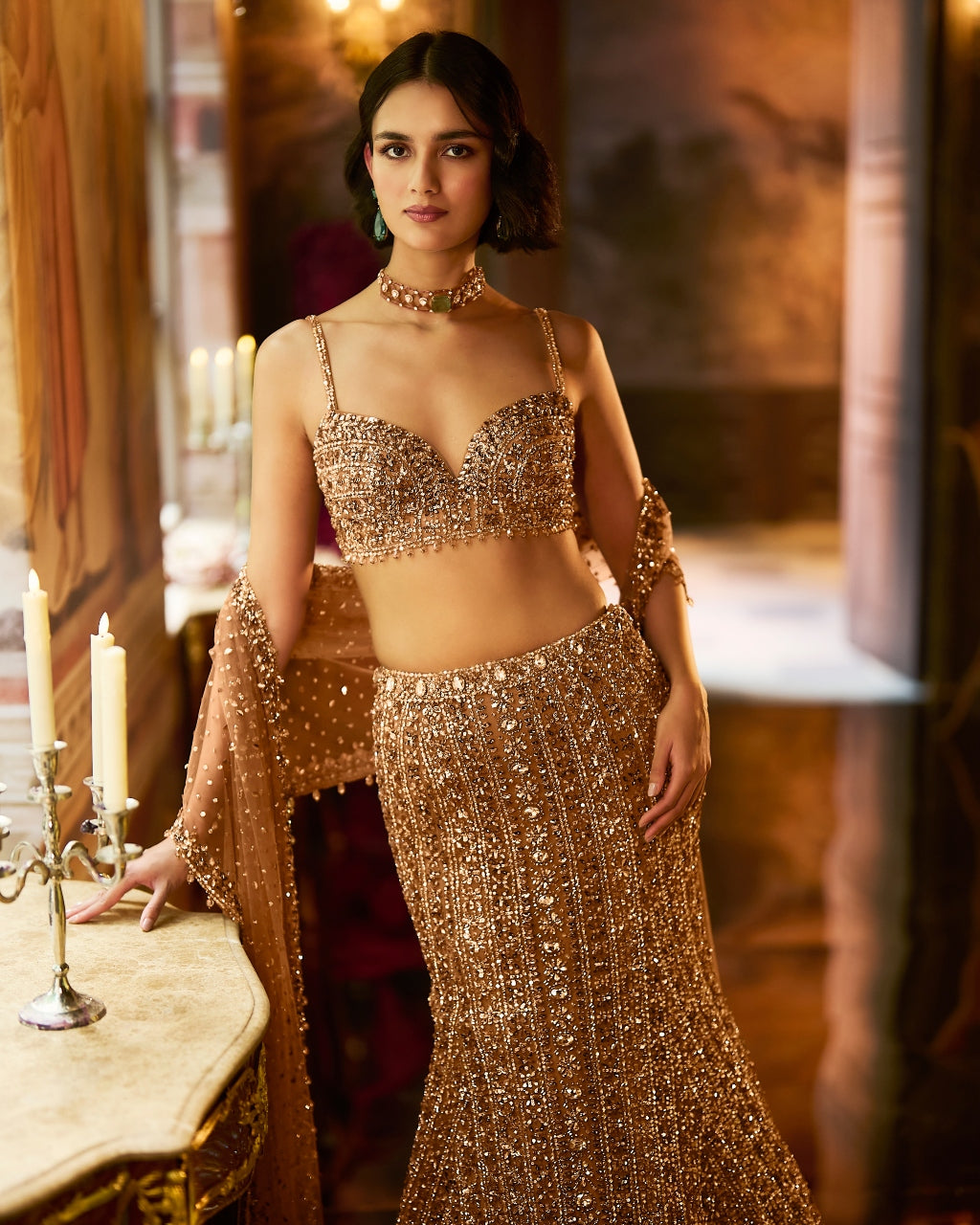 Antique Gold Crystal Fit & Flare Skirt Set