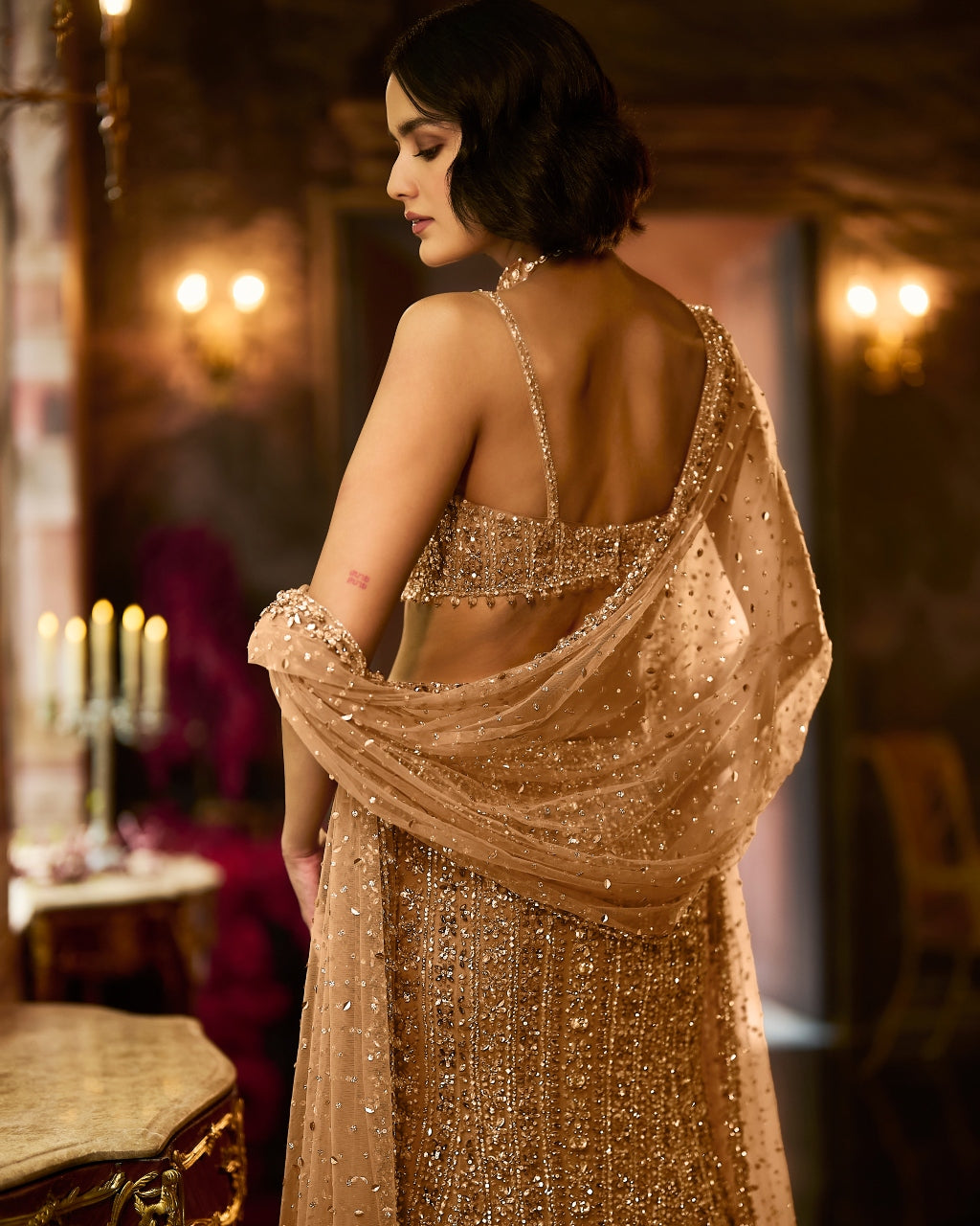 Antique Gold Crystal Fit & Flare Skirt Set
