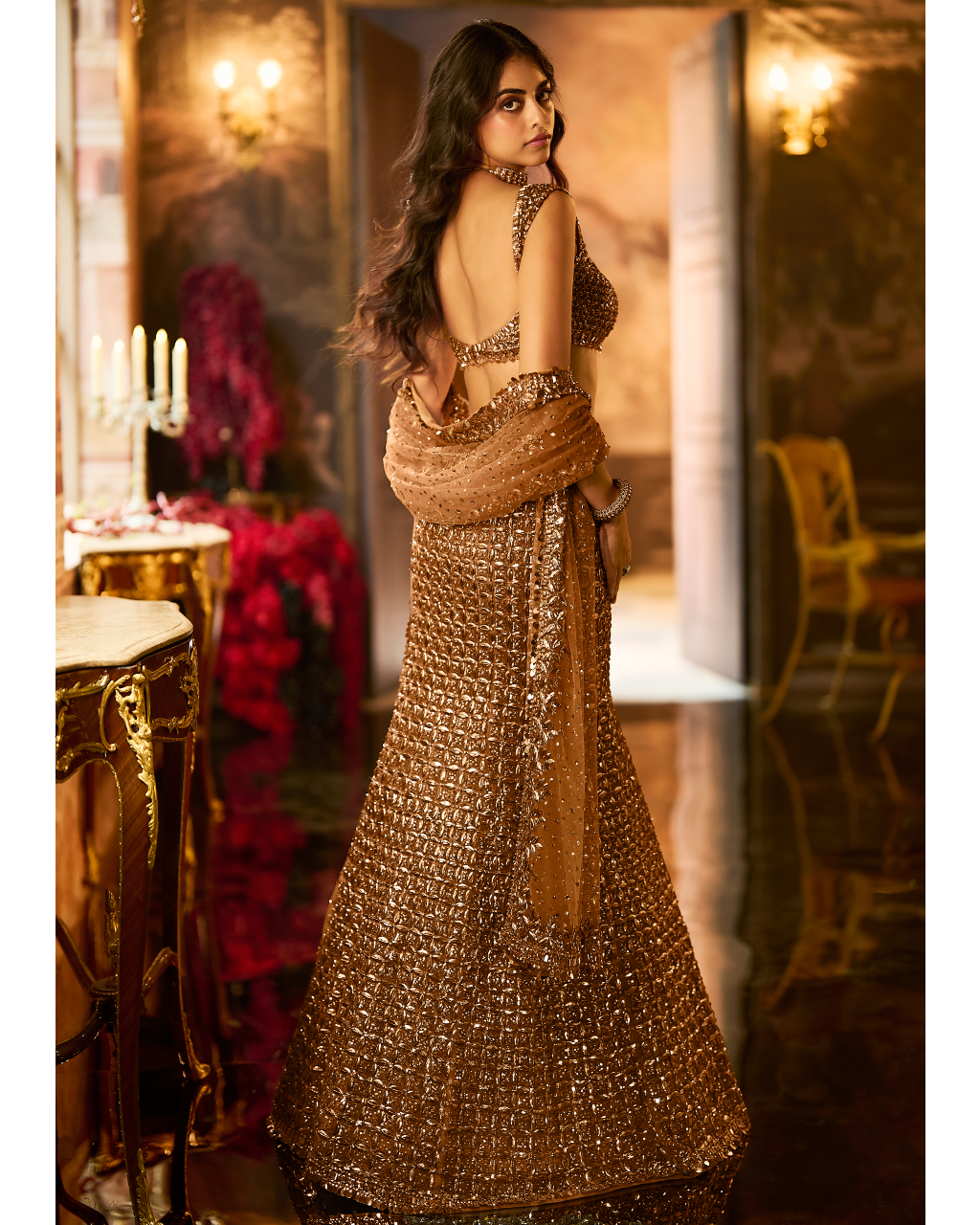 Antique Gold Sequin Fit & Flare Skirt Set