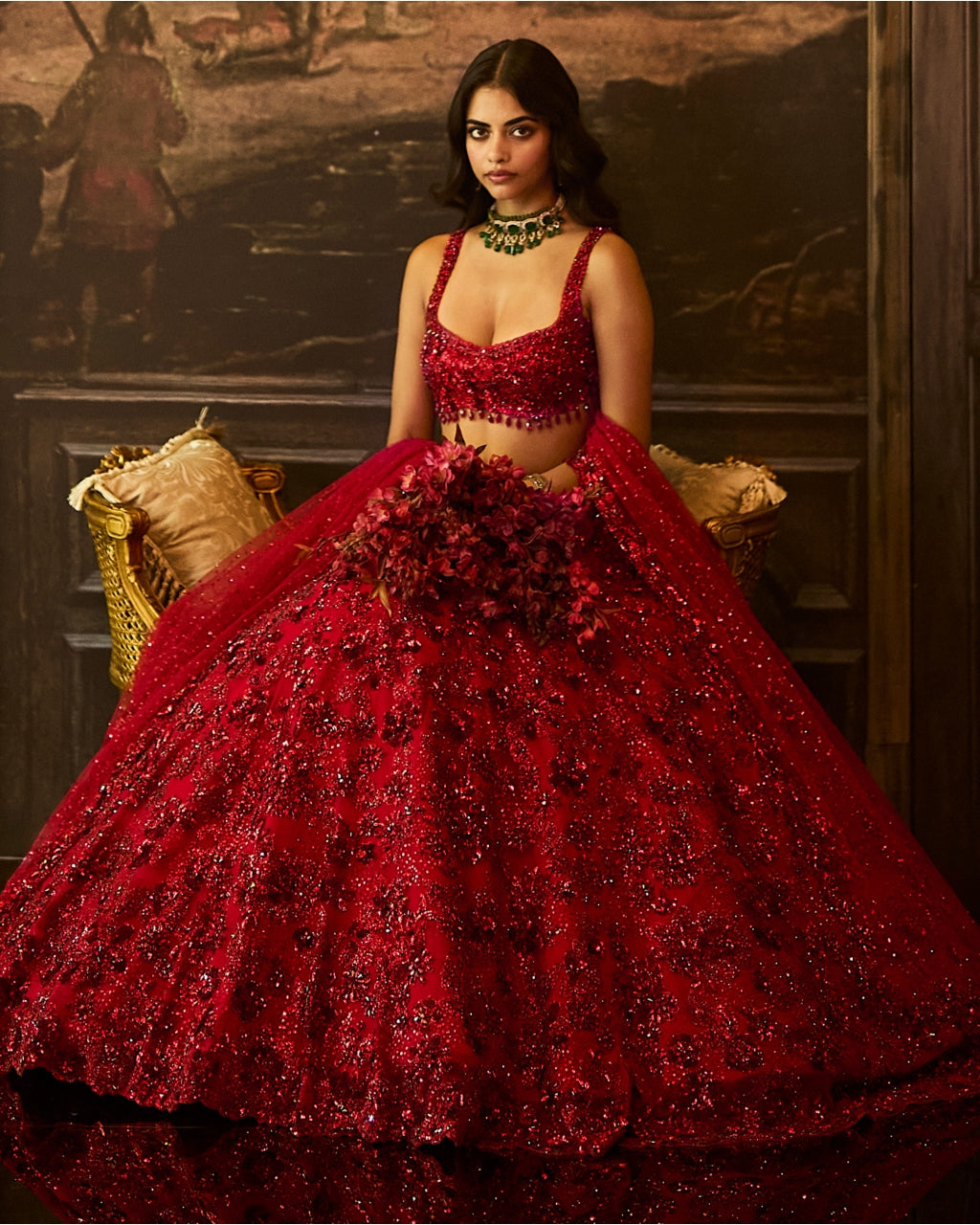 Red Sequin & Crystal Lehenga Set