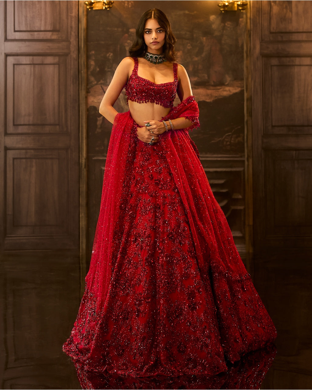 Red Sequin & Crystal Lehenga Set