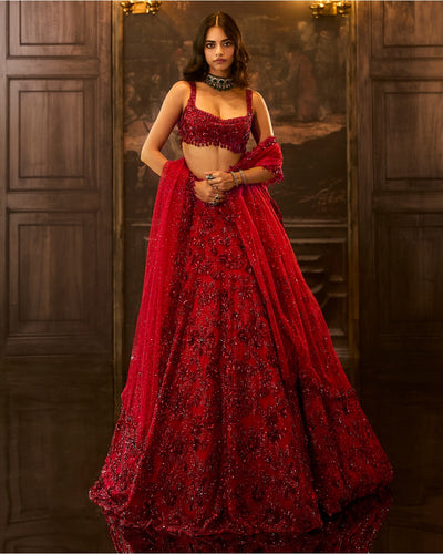 Red Sequin & Crystal Lehenga Set