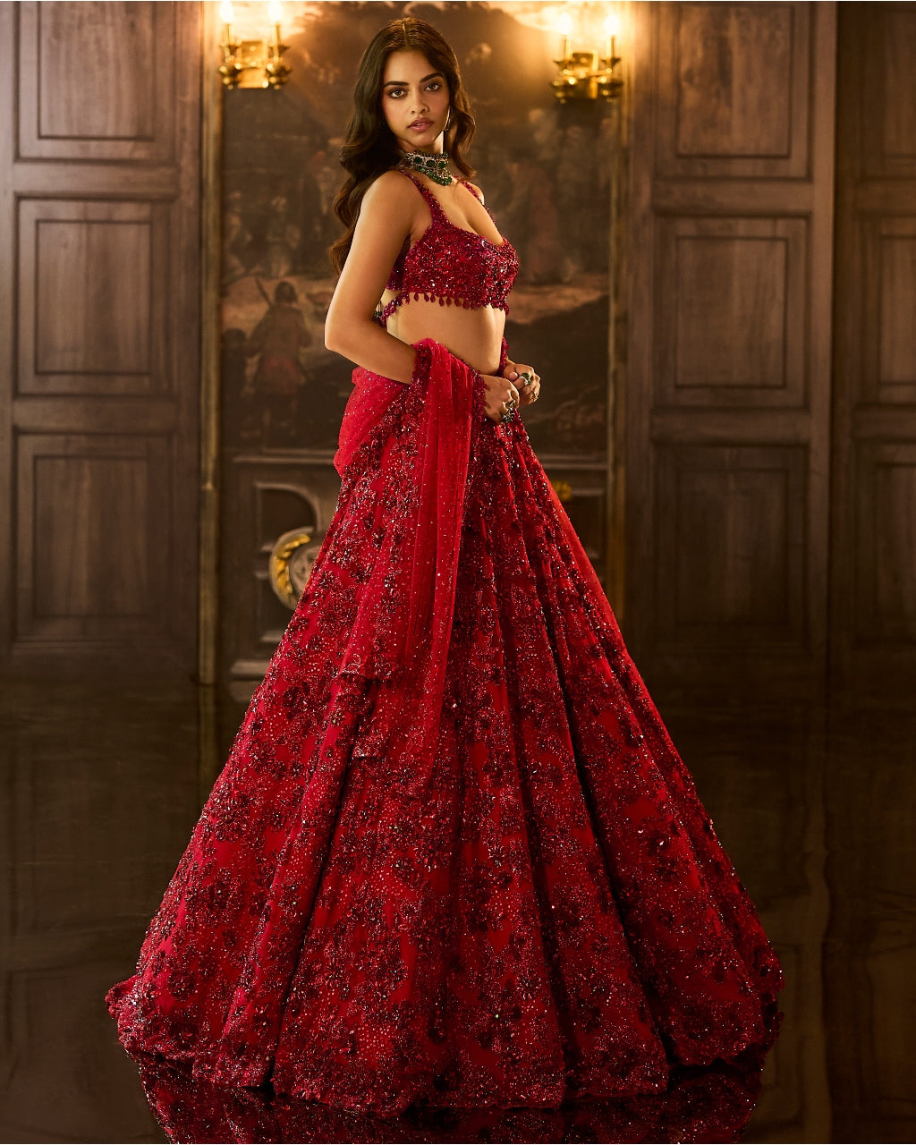 Red Sequin & Crystal Lehenga Set