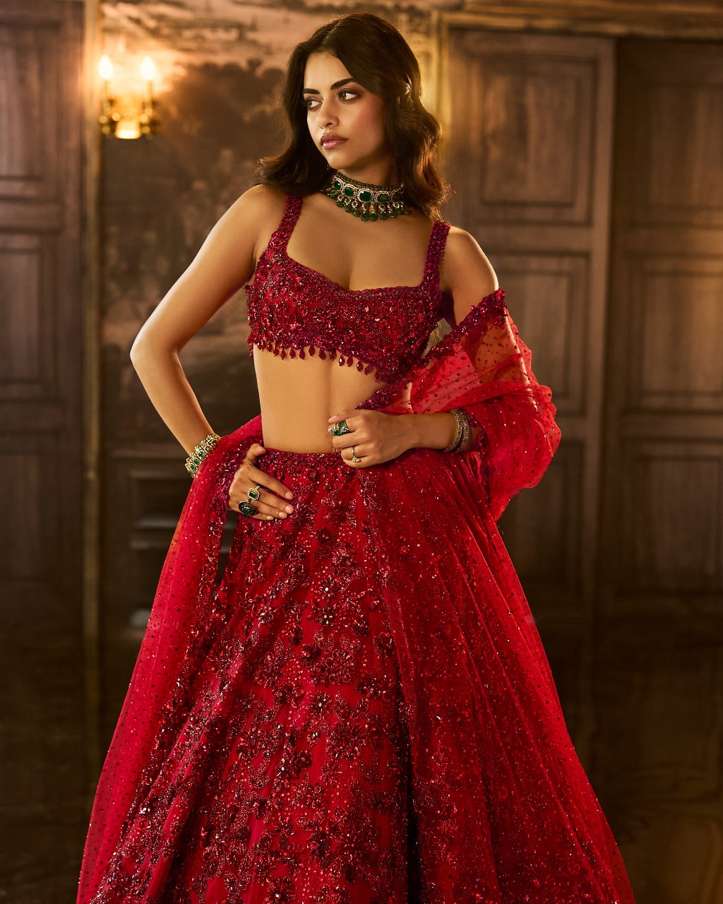Red Sequin & Crystal Lehenga Set