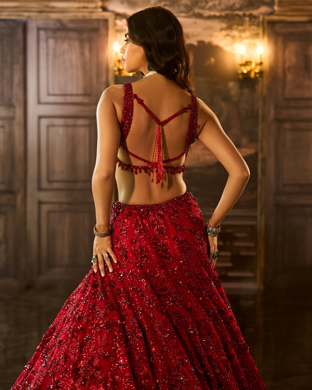 Red Sequin & Crystal Lehenga Set