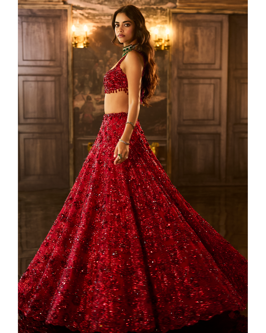 Red Sequin & Crystal Lehenga Set