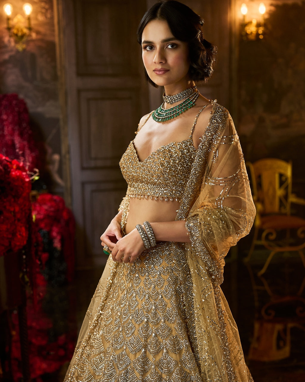 Gold Sequin & Crystal Lehenga Set