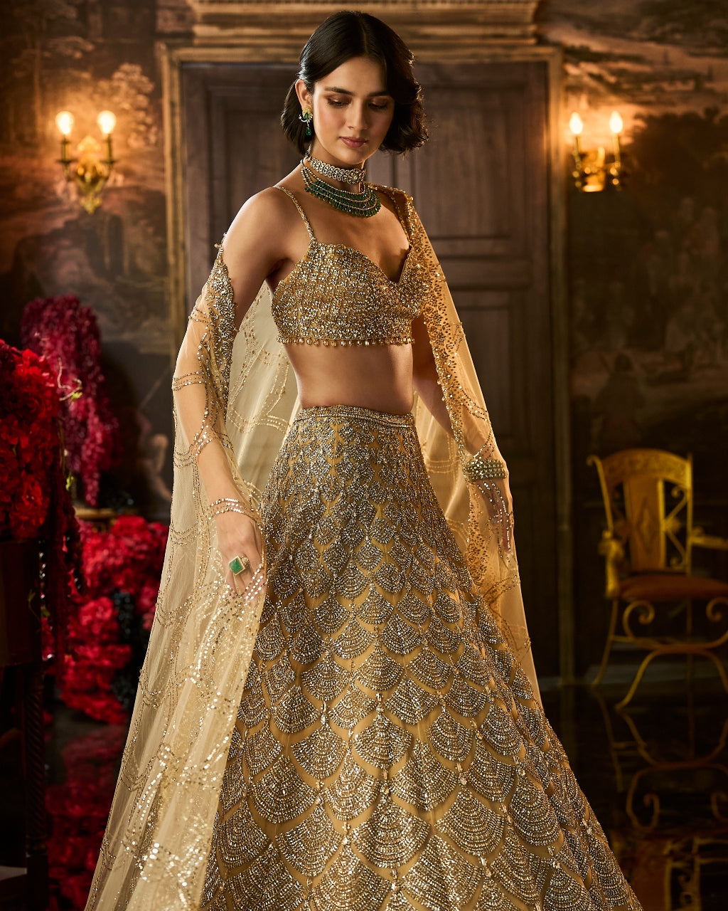 Gold Sequin & Crystal Lehenga Set