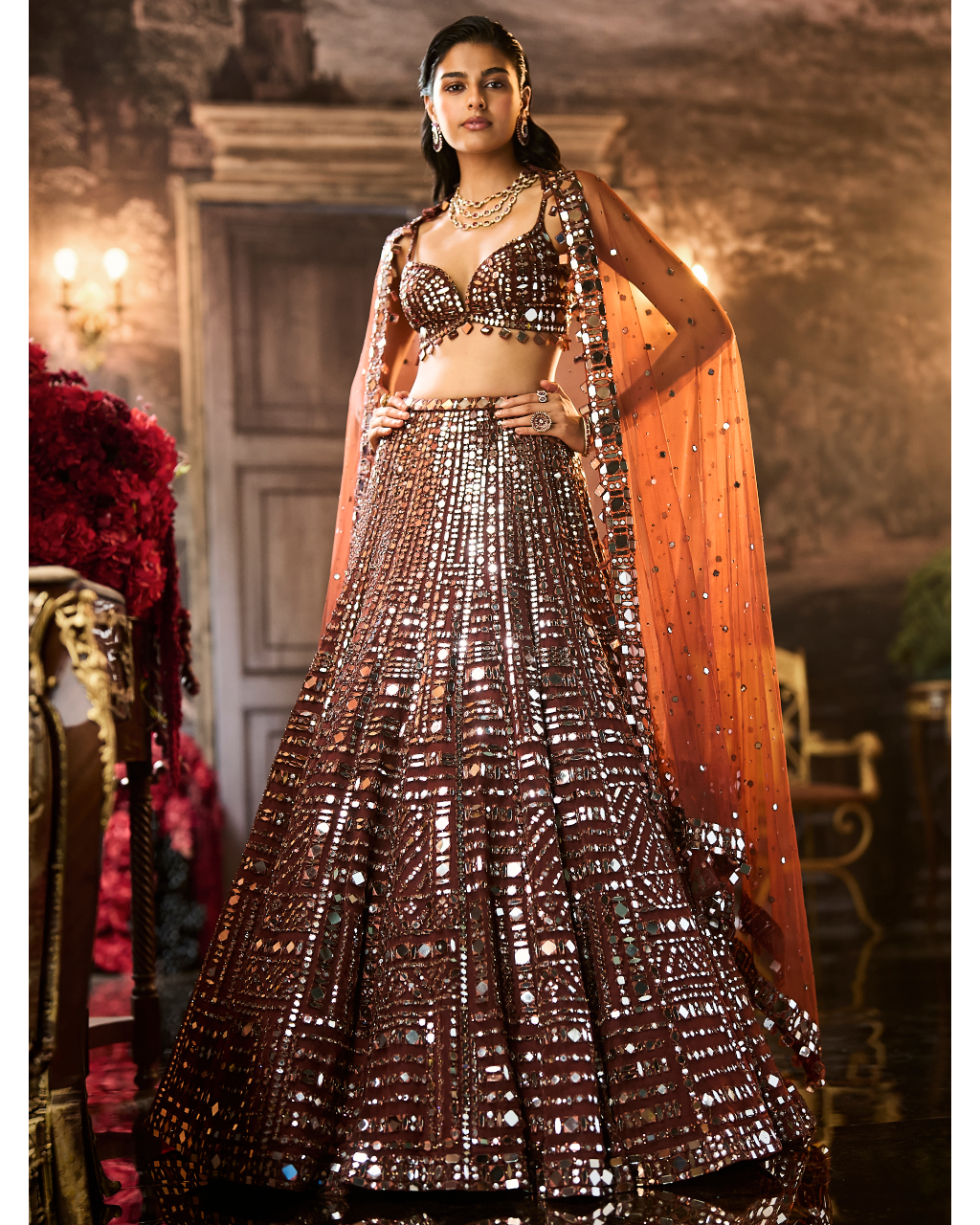 Copper Brown Mirror Work Lehenga Set