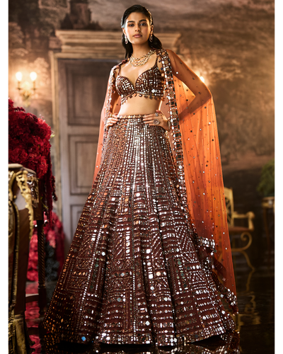 Copper Brown Mirror Work Lehenga Set