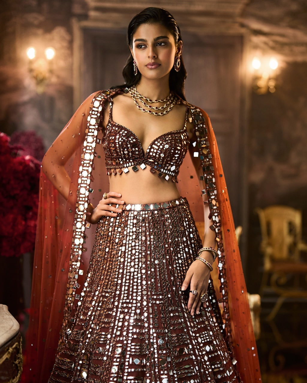 Copper Brown Mirror Work Lehenga Set