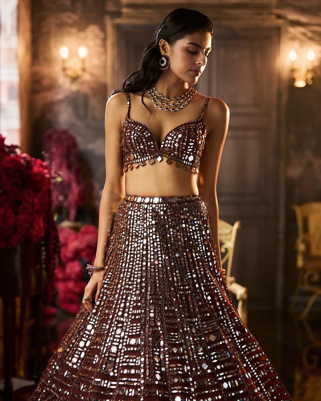 Copper Brown Mirror Work Lehenga Set