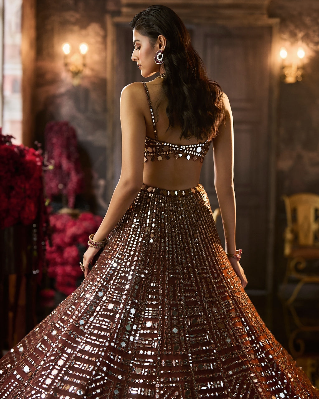 Copper Brown Mirror Work Lehenga Set
