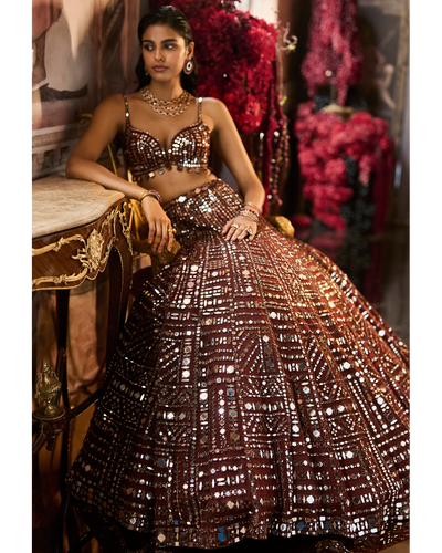 Copper Brown Mirror Work Lehenga Set