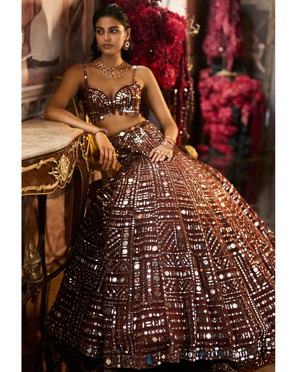 Copper Brown Mirror Work Lehenga Set