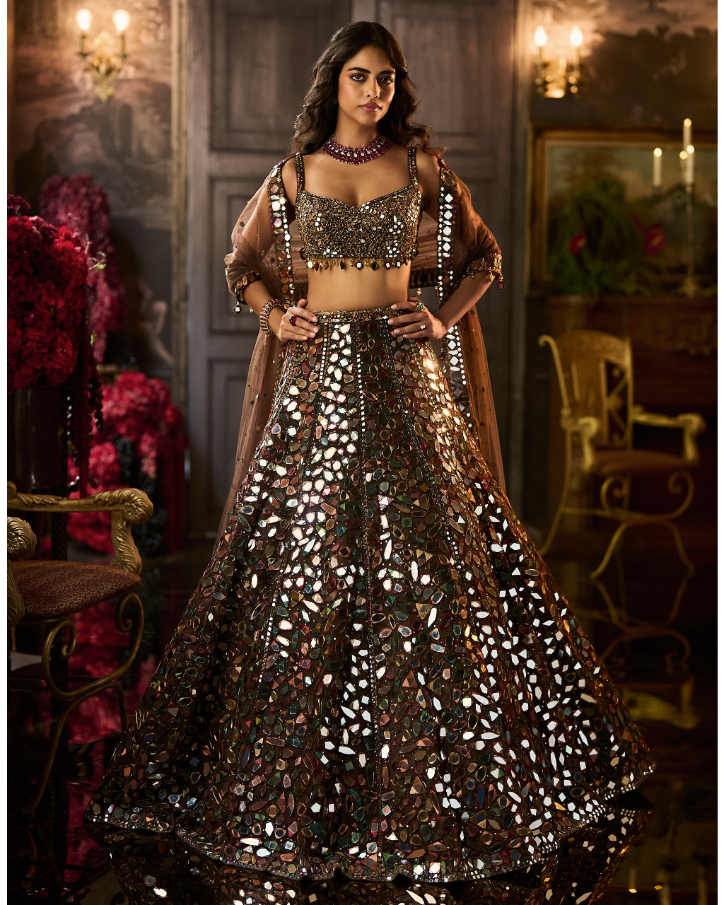 Multi - Coloured Mirror Work Lehenga Set