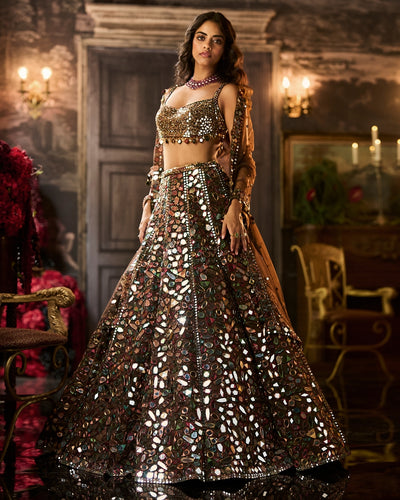 Multi - Coloured Mirror Work Lehenga Set