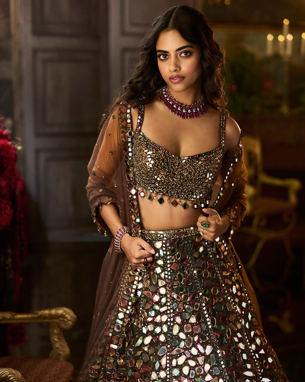 Multi - Coloured Mirror Work Lehenga Set