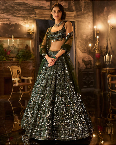 Dark Green Mirror Work Lehenga Set