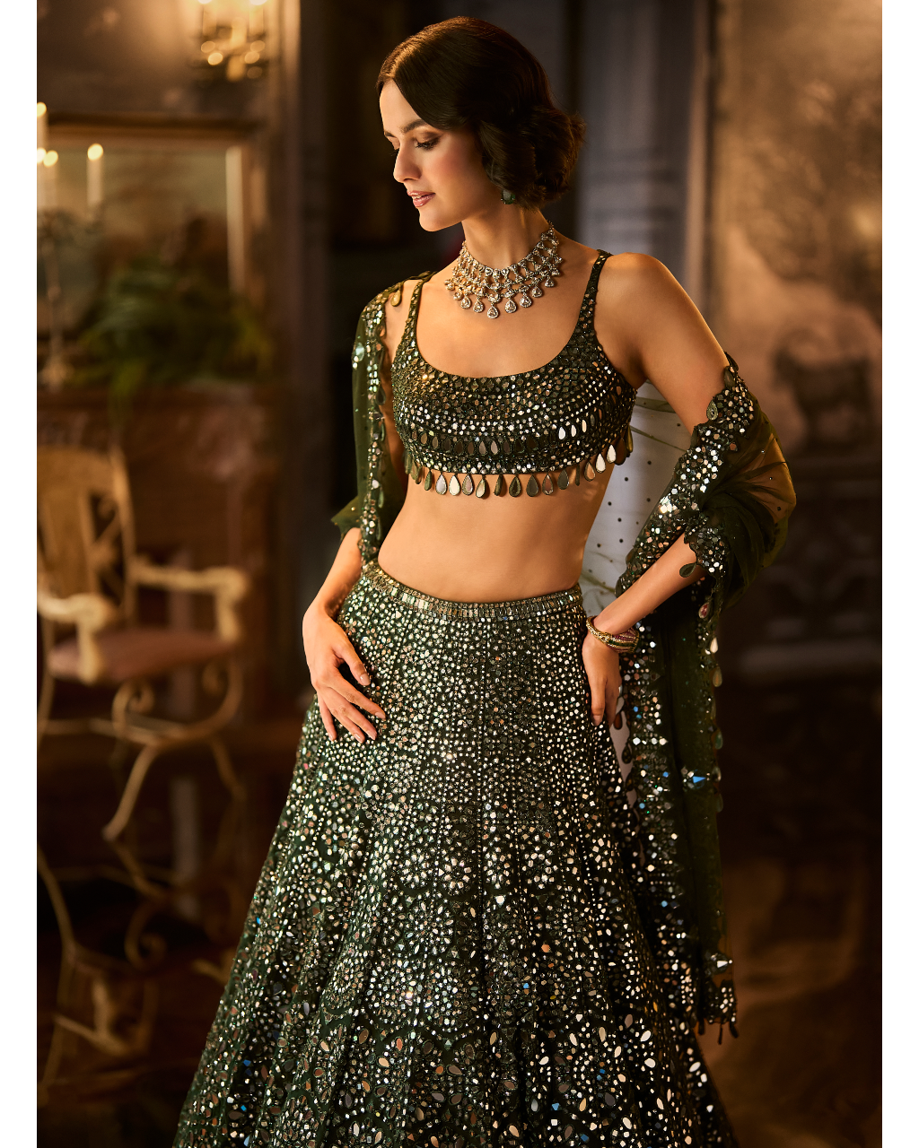 Dark Green Mirror Work Lehenga Set