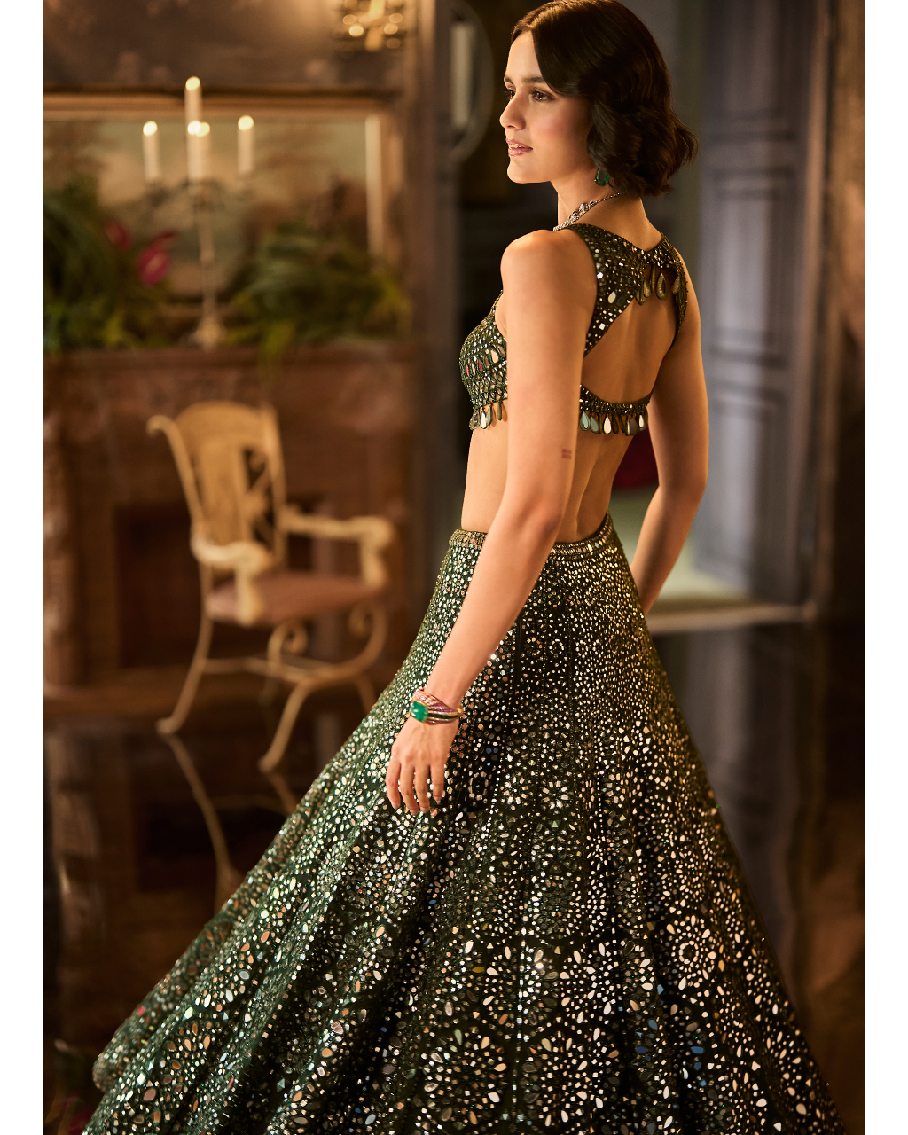 Dark Green Mirror Work Lehenga Set