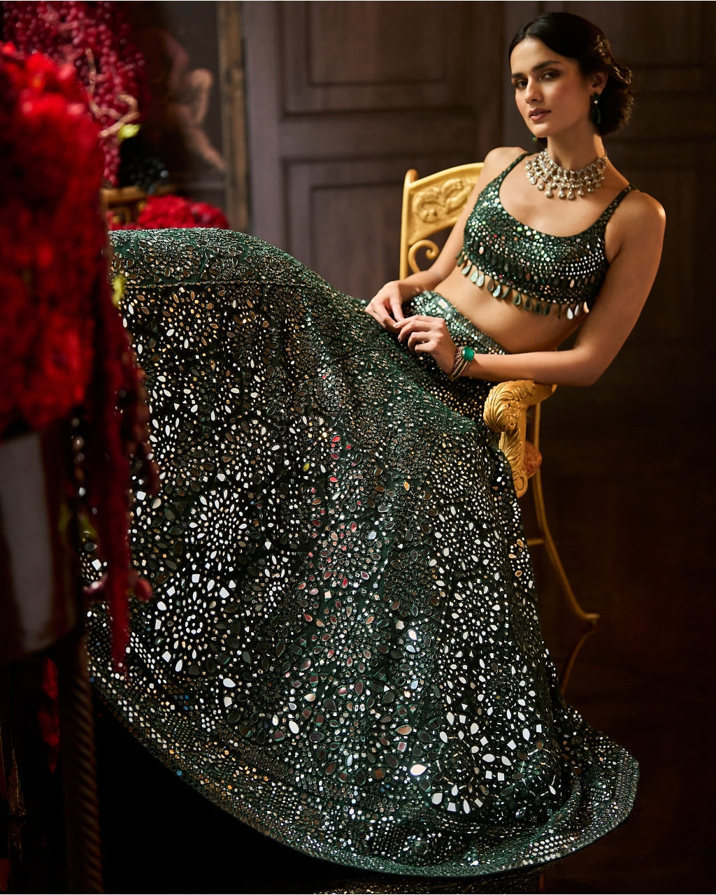 Dark Green Mirror Work Lehenga Set