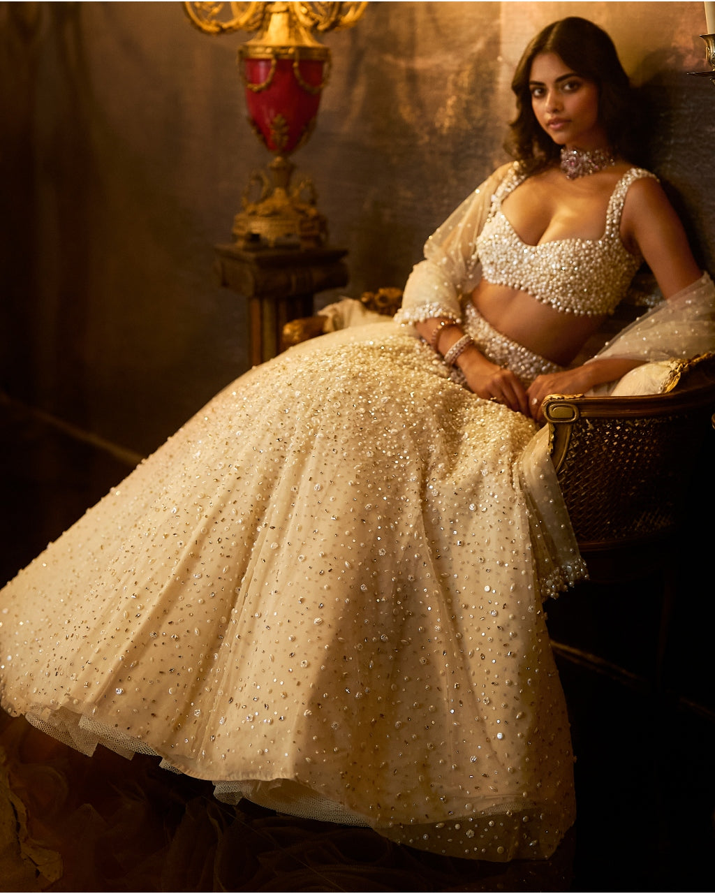 Butter Cream Pearl Lehenga Set